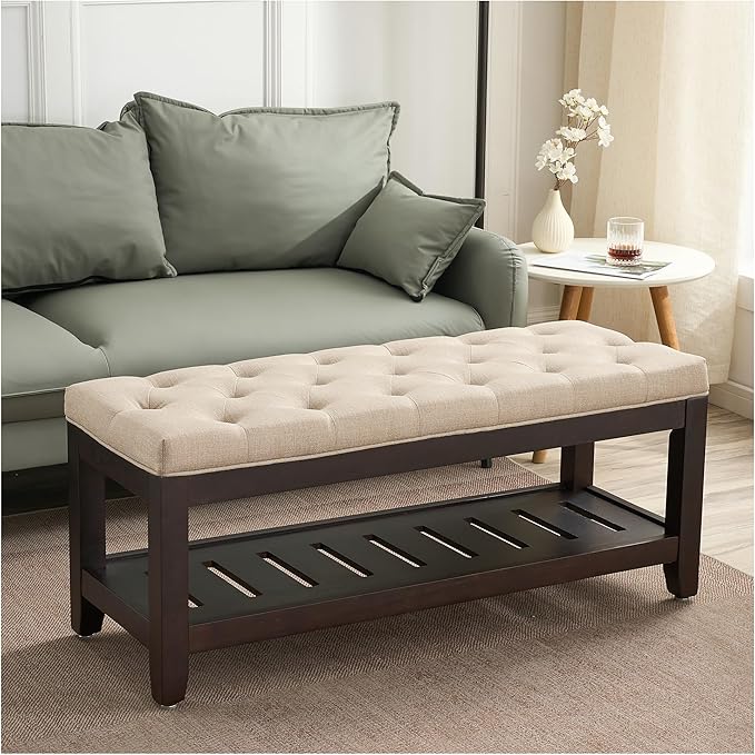 44" Ottoman Bench, Upholstered End of Bed Bench, Oversized Footrest with Wood Shelf torage Storage Bench for Bedroom, Entryway, Living Room, Light Brown