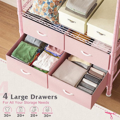 Raybee Clothes Rack, Clothing Rack for Hanging Clothes with 4 Drawers Load 420LBS Heavy Duty Garment Rack with Drawers, Pink
