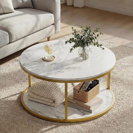 YESHOMY 36" Round Coffee Table, 2-Tier Wood Center Table with Storage Shelf, Heavy-Duty Metal Frame, Easy Assembly, Ideal for Living Room & Small Spaces, Black