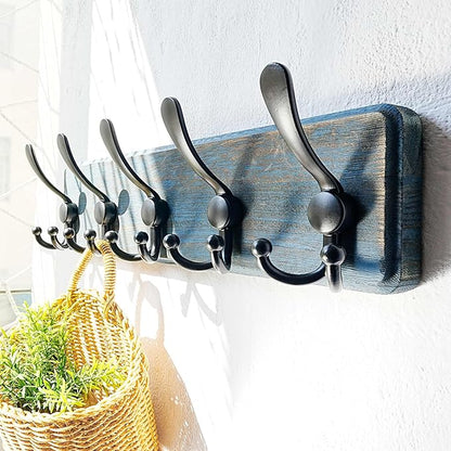 Dseap Coat Rack Wall Mount - Heavy-Duty Robust Barnwood-Style Wooden Wall Coat Hanger Hook Rail with 5 Triple Hooks for Winter Coats Hat Jacket Clothing, Weathered Blue & Black