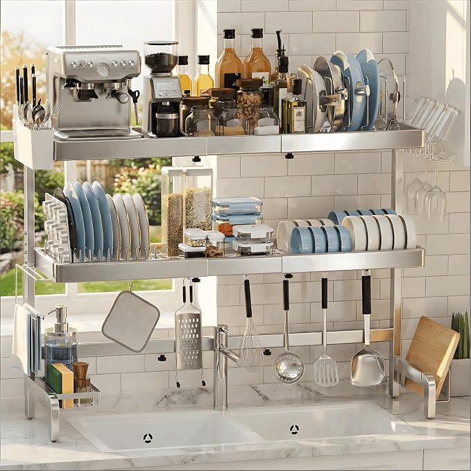 3 Tier Extra Large Over The Sink Dish Drying Rack, Expandable Stainless Steel Dish Drainer with Multifunctional Organizer, Space-Saving Above Sink Dish Rack with Large Capacity for Kitchen Counter