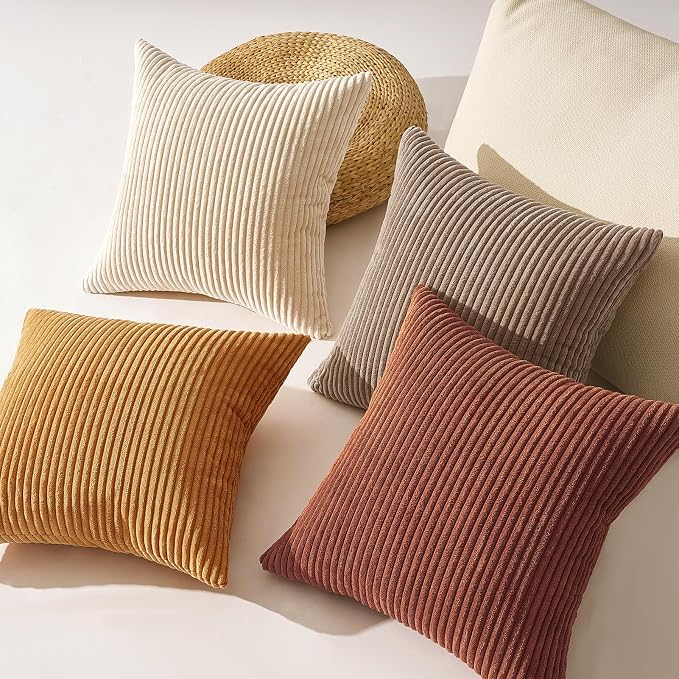 Topfinel Yellow Brown Throw Pillow Covers Rustic Modern Soft Corduroy Striped Decorative Cushion Cover 16x16 Inch Gradient Farmhouse Pillow Case Set of 4 for Sofa Couch Living Room Bedroom