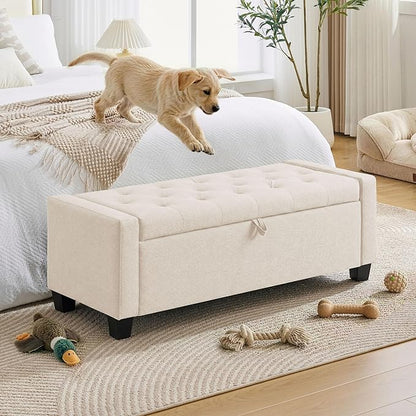 Huatean Home 43" Ottoman with Storage, Storage Ottoman Bench with Safety Hinge, Upholstered Entryway Bench with Seating for Bedroom, Living Room, Holds up to 330 lb, Beige