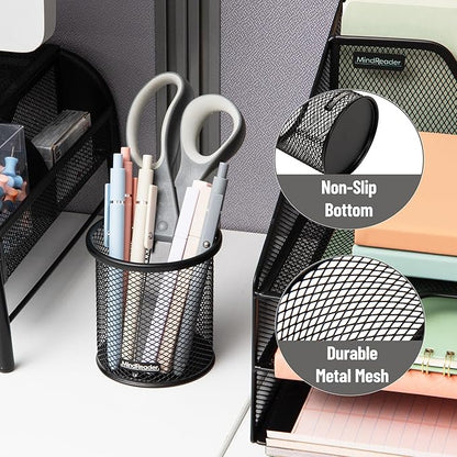 Mind Reader Pen and Accessories Holder, Desktop Organizer, Office, Metal Mesh, 3.5"L x 3.5"W x 3.75"H, Set of 3, Black