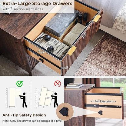 T4TREAM 2 Drawer File Cabinet, 32" Fluted Lateral File Cabinet w/Files Hanging Rod for Letter/Legal/A4, Large Tabletop for Printer, Office Wood Printer Cabinets, Dark Walnut (Gen 2)