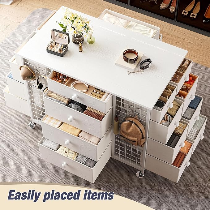 EnHomee 24 Drawers White Dresser for Bedroom, Dressers & Chests of Drawers with 4 Wheels and 40“ * 23” Wide Wooden Top, Metal Frame, Organizer Island with Hooks for Bedroom, Cloakroom, Dressing Room