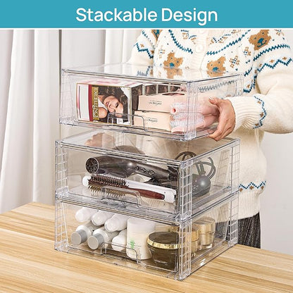 Vtopmart 4 Pack Large Stackable Storage Drawers,Easily Assemble Clear Acrylic Bathroom Closet Undersink Organizers,Plastic Storage Bins for Cabinet,Kitchen Pantry,Medicine Organization
