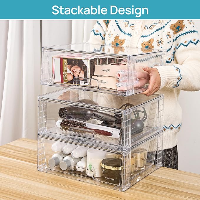 Vtopmart 8 Pack Stackable Storage Bins,Easily Assemble Clear Acrylic Bathroom Undersink Organizers,Plastic Storage Box for Kitchen Pantry,Medicine Organization