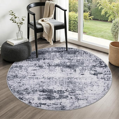 Round Area Rug for Living Room: 5 ft Washable Modern Abstract Soft Thin Rug Indoor Floor No Slip Stain Resistant Carpet for Bedroom Dining Room Farmhouse Nursery Home Office - Grey