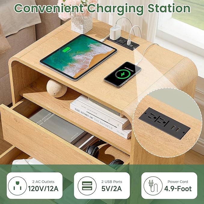 Modern Curved Night Stand, 25" Tall Wood Bedside Table with Charging Station, 2 Storage Drawers Side Table, Large End Table Nightstand for Bedroom, Living Room Office, Sofa, Natural