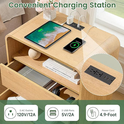 Curved Night Stand Set of 2, 23.2" Large Wood Farmhouse Nightstand with Charging Station & 2 Storage Drawers Bedside Table, Modern End Table for Bedroom, Living Room, Natural