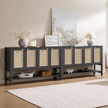 SICOTAS Rattan Sideboard Buffet Cabinet with Open Storage - Large Storage Cabinet with 4-Doors and Adjustable Shelves, Boho Credenza Coffee Bar Cabinets Buffet Table Console Table (2, Obsidian)