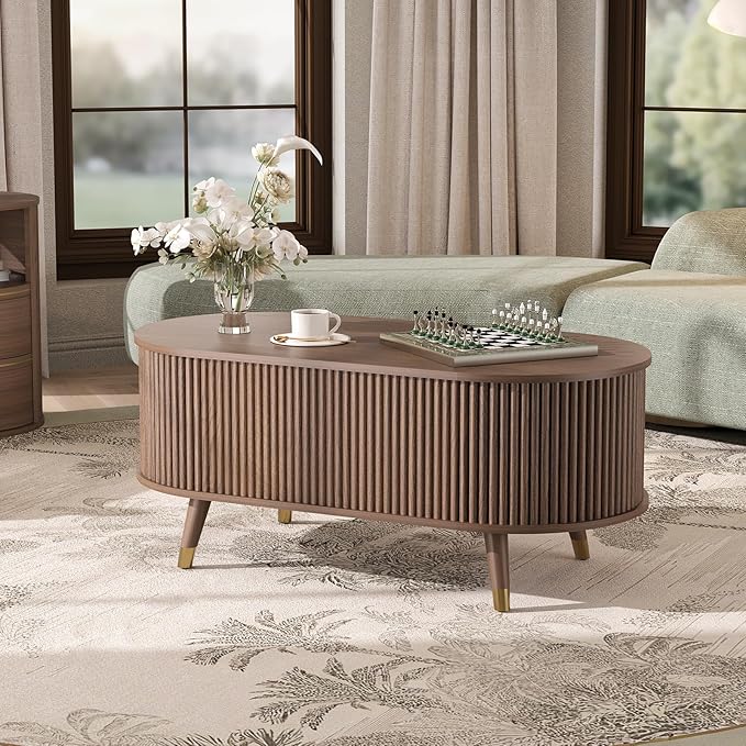 SULIVES Oval Coffee Table with Storage, Multifunctional Coffee Table with Lifting Top, Small Fluted Center Table for Living Room, Walnut