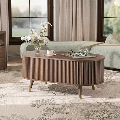 SULIVES Oval Coffee Table with Storage, Multifunctional Coffee Table with Lifting Top, Small Fluted Center Table for Living Room, Walnut