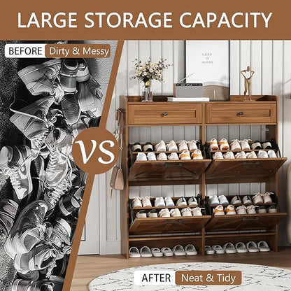 Shoe Cabinet with 4 Flip Drawers & 2 Top Drawers, 43" Tall Freestanding Narrow Wooden Shoe Storage Organizer for Entryway, Hidden Slim Shoe Rack for Front Door Entrance, Hallway, Living Room, Walnut