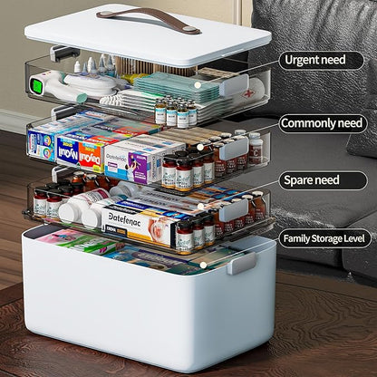 CTIME 4-Tier XL Medicine Organizer with Leather Handle - Portable Pill Case & Empty First Aid Kit for Home, Travel, RV, School, Dorm | Ideal Elderly Gift