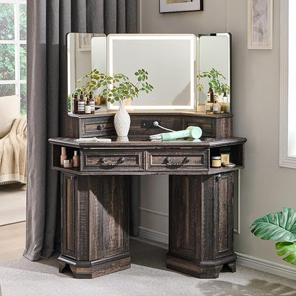 T4TREAM Makeup Vanity Desk 48" with 3 Way Mirror and Lights, Large Farmhouse Corner Vanity Dressing Table with Glass Top & Charging Station, 3 Drawers & 2 Storage Cabinets, Dark Rustic Oak