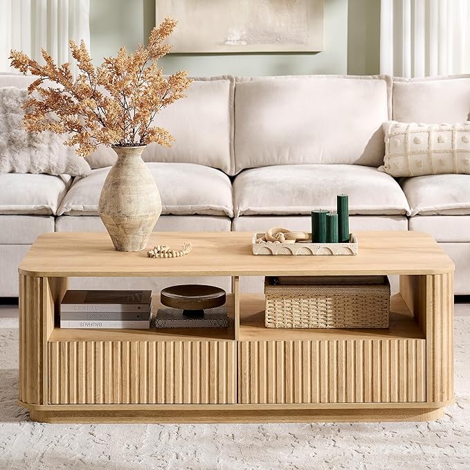ACCOHOHO 51" Fluted Coffee Table with Storage, Large Modern Center Table with 2 Drawers, Rectangle Wood Coffee Table for Living Room, Natural Oak
