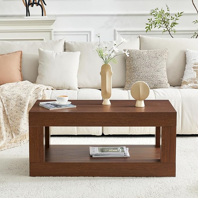 LKTART 39.37" Coffee Table with Storage, 2-Tier Mid Century Rectangular Accent Table with Thick Tabletop, Rustic Style Cocktail, Center Table for Living Room, Office, Apartment (Dark Walnut)