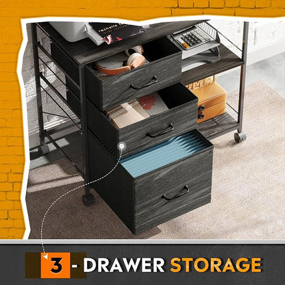 DEVAISE 3 Drawer File Cabinet, Mobile Filing Cabinet Rolling Printer Stand with Open Storage Shelf, Fabric Lateral Filing Cabinet fits A4 or Letter Size for Home Office, Charcoal Black Wood Grain