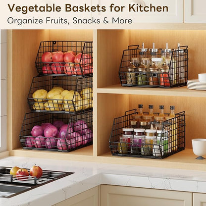 3-Tier Stackable Wire Baskets for Counter, Fruit and Vegetable Storage, Potato and Onion Storage Bin，Kitchen Pantry Organizer - Wall Basket for Produce/Snack/Can, Black