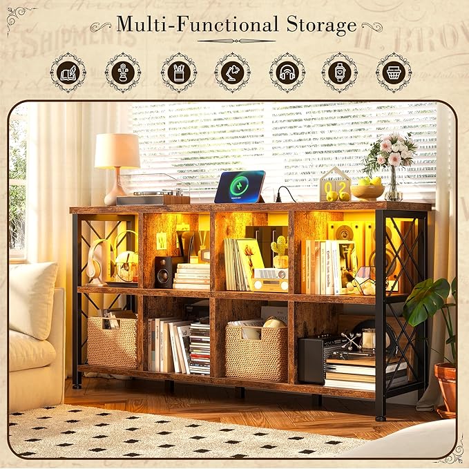 8 Cube Storage Organizer with LED Light and Charging Station, Wood and Metal Cube Shelf, Long Horizontal Book Shelf for Bedroom, Home Office,Rustic Brown