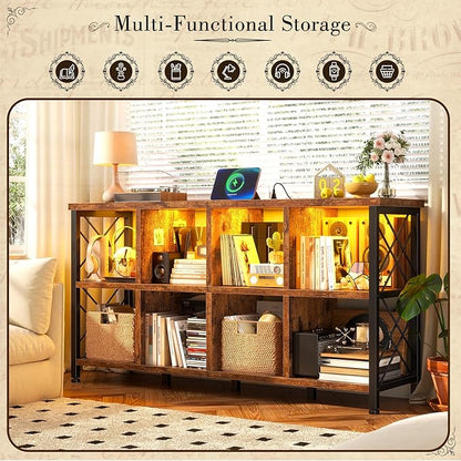 8 Cube Storage Organizer with LED Light and Charging Station, Wood and Metal Cube Shelf, Long Horizontal Book Shelf for Bedroom, Home Office,Rustic Brown