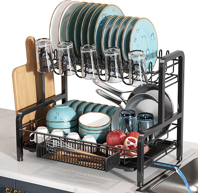 BOOSINY 2 Tier Black Dish Drainer Drying Rack and Drainboard Set, Large Stainless Steel Dish Dryer for Kitchen Counter Space Saving, Big Rustproof Metal Plate Strainer with Utensil Holder & Cup Holder