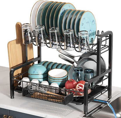 BOOSINY 2 Tier Black Dish Drainer Drying Rack and Drainboard Set, Large Stainless Steel Dish Dryer for Kitchen Counter Space Saving, Big Rustproof Metal Plate Strainer with Utensil Holder & Cup Holder