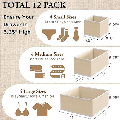 Simple Houseware Foldable Drawer Organizer Set of 12, Beige – Fabric Storage Bins for Clothes, Underwear, Bra, Panty, Socks, Onesies – Closet & Dresser Drawer Dividers for Home Organization