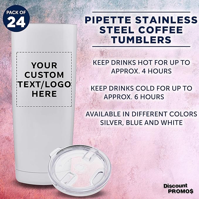 Custom Pipette Stainless Steel Coffee Tumblers 20 oz. Set of 24, Personalized Bulk Pack - Double Wall, Perfect for Coffee, Hot Cocoa, Other Hot & Cold Beverages - White
