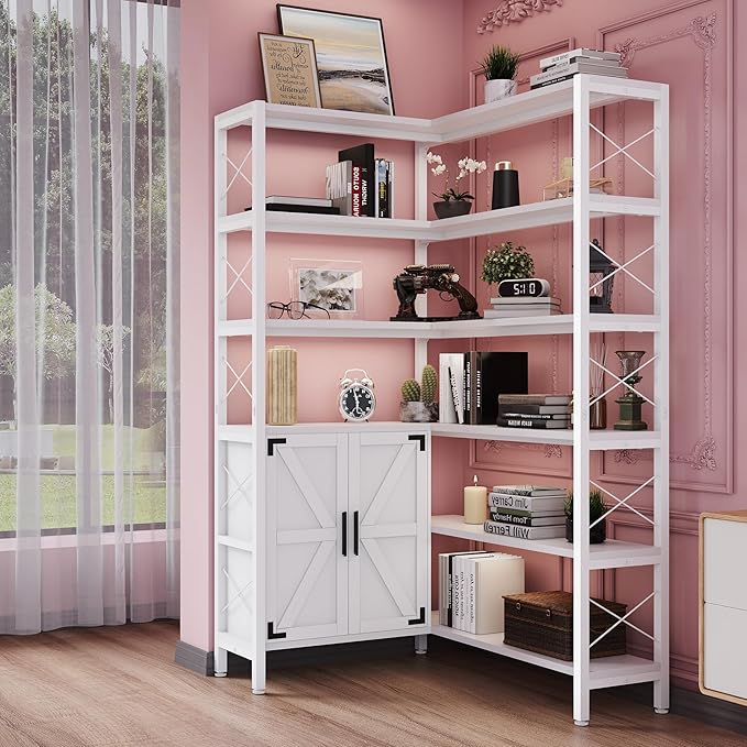 Wildhome 6-Shelf Corner Bookshelf, Vintage Industrial Corner Shelf Etagere Bookcase, Large Book Shelf with Metal Frame Open Storage Corner Cabinet (White-Lockers, Small)