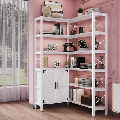 Wildhome 6-Shelf Corner Bookshelf, Vintage Industrial Corner Shelf Etagere Bookcase, Large Book Shelf with Metal Frame Open Storage Corner Cabinet (White-Lockers, Small)