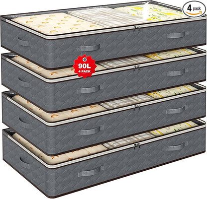 90L Under Bed Storage Containers,4-Pack Closet Organizers and Storage Bins,for Organization and Storage Clothes, Shoes, Blankets & Pillows,Visible Transparent Top Storage Bins with Lids, Grey