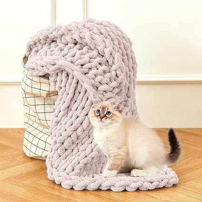 Admitrack Chunky Knit Blanket Throw, 100% Hand Knit Chenille Throw Blanket for Sofa & Home Decor, Soft and Cozy Knitted Throw Blankets (Pink，51"x63")