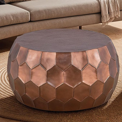 CT101 Modern Contemporary Round Aluminum Material 32" Coffee Table, Farmhouse Table with Glossy Diamond-Patterned Base Antique Copper