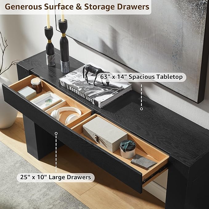 OKD Modern Entryway Console Table, Sofa Table with Drawers, 63" Long Hall Table Behind Couch, Thick Wood Design for Living Room, Hallway - Black Oak