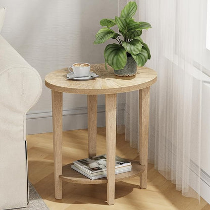 Solid Wood Oval Accent End Table, Farmhouse Sofa Side Table, 2 Tier Beside Corner Table with Storage Shelf for Living Room, Bedroom Easy Assembly