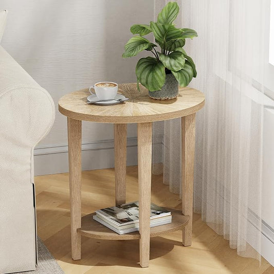Solid Wood Oval Accent End Table, Farmhouse Sofa Side Table, 2 Tier Beside Corner Table with Storage Shelf for Living Room, Bedroom Easy Assembly
