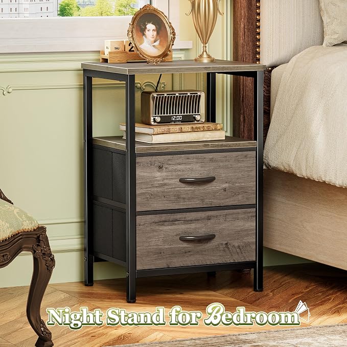 Huuger Night Stand Set of 2, Nightstand with 2 Drawers, Bed Side Table with Open Shelf, Wooden Top, End Table, Fabric Drawer with Oak Wooden Print Surface, for Bedroom