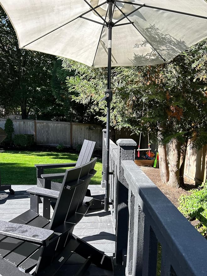 | Patio Umbrella Holder | 2 Piece Split Design | Outdoor Umbrella Base and Mount | Attaches to Railing Maximizing Patio Space and Shade