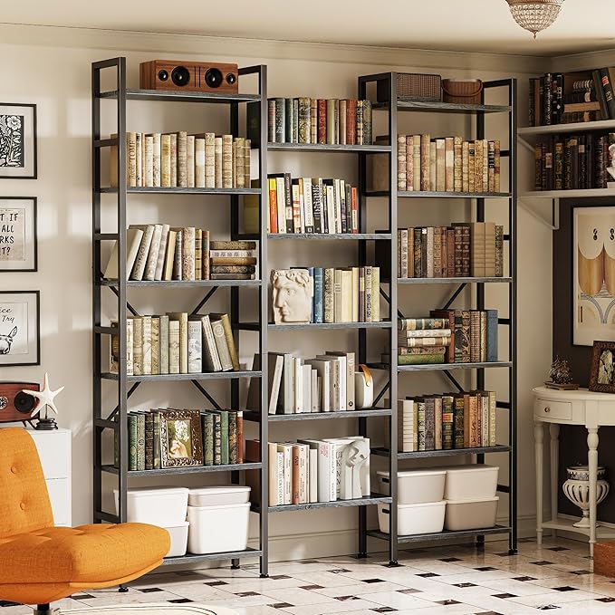 SUPERJARE Triple Bookshelf, Bookcase with 11 Open Display Shelves, Wide Book Shelf Book Case for Home & Office, 6 Tier, Grey