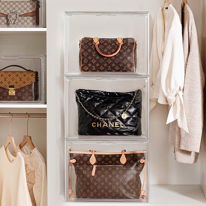 HBlife 5 Pack Purse Storage Organizer for Closet, X-Large Clear Stackable Handbag Display Case Box with Magnetic Door for Collectibles, Cosmetics, Women Heels and Toys