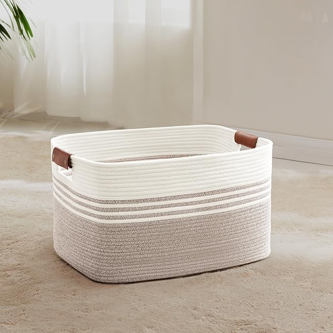 SunNewt 45L Small Laundry Basket with Leather Handles for Living Room Storage, Woven Rope Baskets Bin for Blanket, Kids Toy, Gifts, Wicker Hamper for Bedroom Dirty Clothes, 18"x14"x11" White Brown
