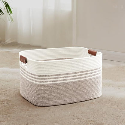SunNewt 45L Small Laundry Basket with Leather Handles for Living Room Storage, Woven Rope Baskets Bin for Blanket, Kids Toy, Gifts, Wicker Hamper for Bedroom Dirty Clothes, 18"x14"x11" White Brown