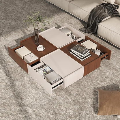 Coffee Table with Storage,Modern Center Table with 4 Hidden Drawers for Living Room,Rectangle Coffee Table for Home Furniture,Bedroom,Beige Gray and Dark Walnut