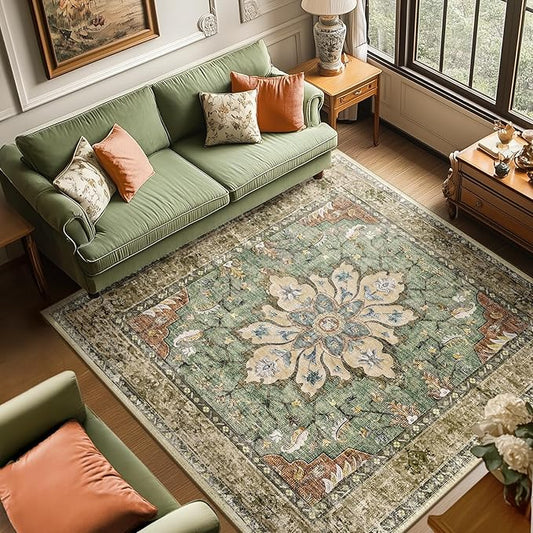 RELEANY Area Rugs Square 6ft Washable Non-Slip, Floral Vintage Distress Medallion Carpet for Living Room Bedroom Dining Room, Terracotta Burnt Orange Green