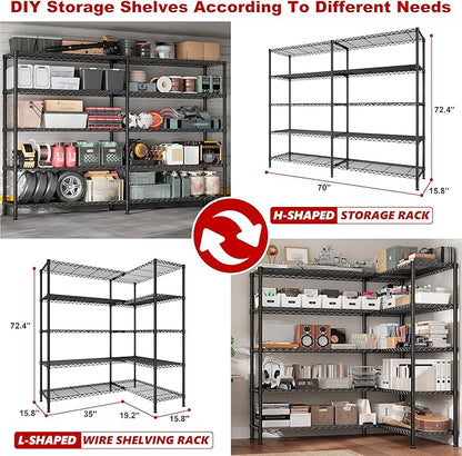 REIBII 70" W Storage Shelves Load 1600LBS,Metal Shelving 5-Tier Wire Shelving Unit Garage Shelving for Storage Adjustable Metal Shelves for Pantry Kitchen Garage Commercial, 70" W*15.8" D*72.4" H