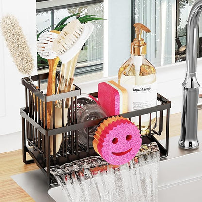 Taugast Sponge Holder for Kitchen Sink,Smiley Face Sink Caddy with Removable Brush Holder,Self-Draining Sponge Caddy for Soap,Dish Brush,Scrubber,Kitchen Essentials and Gadgets