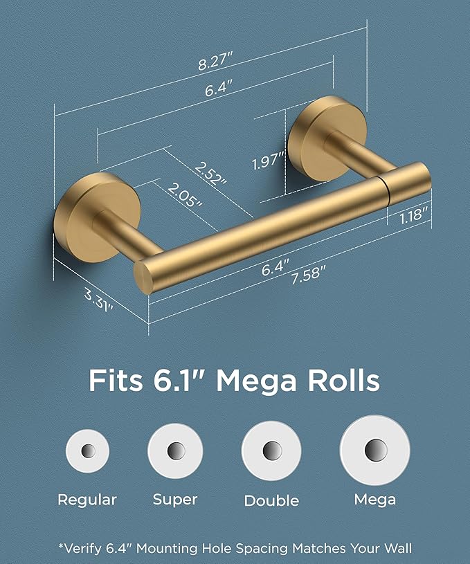 FORIOUS Toilet Paper Holder Wall Mount, Stainless Steel Rustproof Double Post Pivoting Tissue Roll Holder for Bathroom, Commercial Toilet Paper Dispenser, Brushed Gold